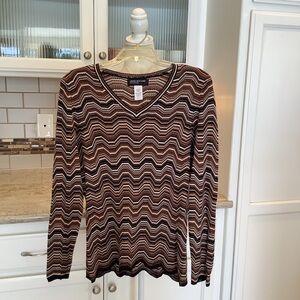 Jones New York Brown Black and Cream Striped Long Sleeve Top Size Large